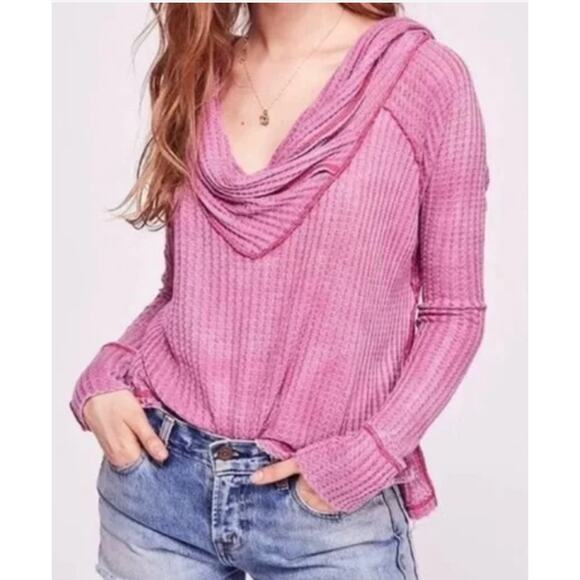 We the Free wide cowl waffle long sleeve top xsmall hot pink - Picture 1 of 2